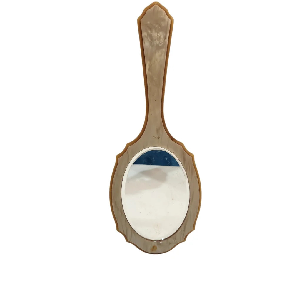 Vintage Art Deco 1930s Ausco Celluloid Large Hand Held Beveled Mirror Boudoir